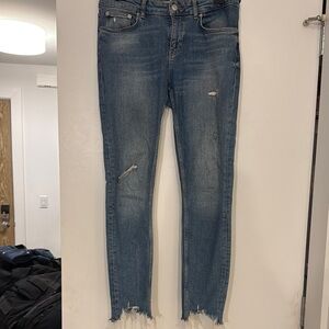Blue Ankle Cropped Jeans with Distressed Rips and Raw Hem